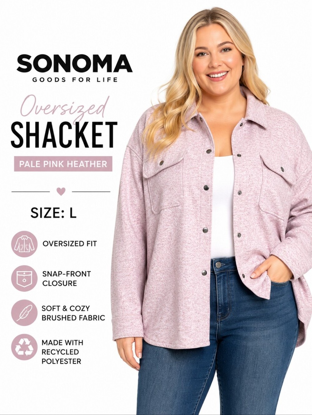 Sonoma Goods For Life Oversized Pale Pink Heather Shacket Size Large